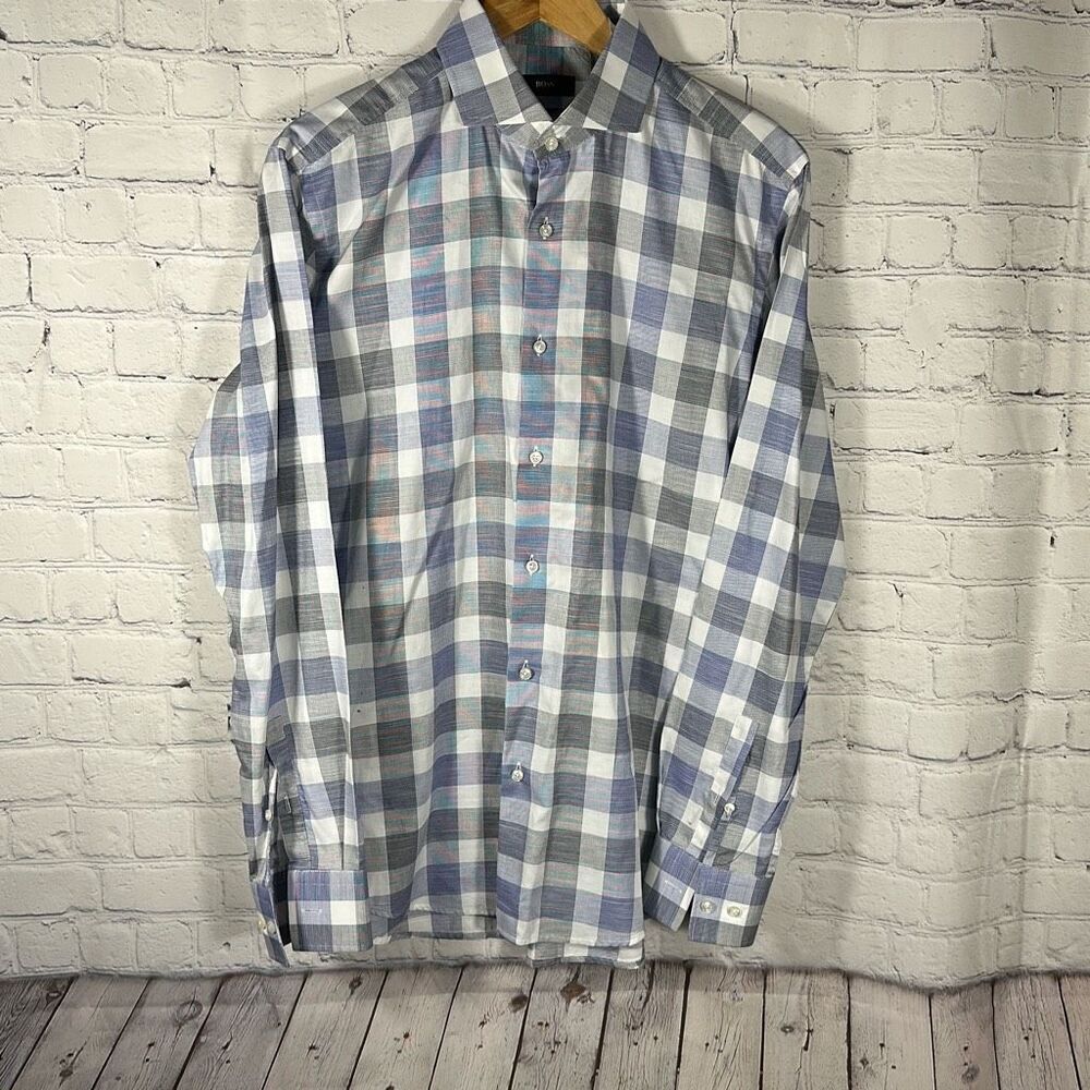 Hugo Boss Mens Slim Fit Long Sleeve Button Up Shirt Size 15 1/2 39 Purple Gray